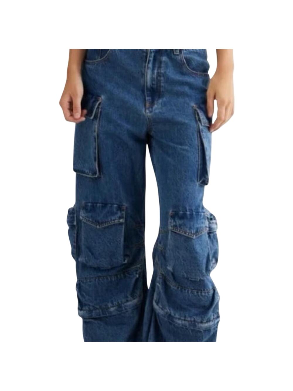 Lioness Smokeshow Low Rise Wide Leg Multi Pocket Dark Denim Cargo Jeans Size XS
